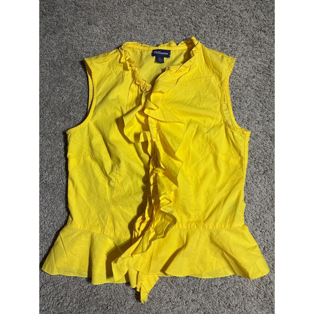 Y2K Fillmore Yellow Ruffle Peplum Sleeveless Cotton Blouse Top Small